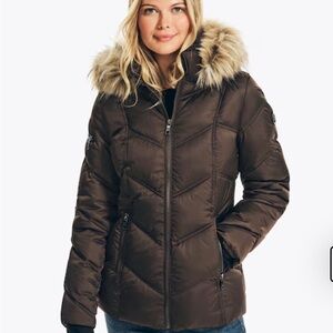Sonoma Dark Brown Puffer Jacket with Faux Fur Hood